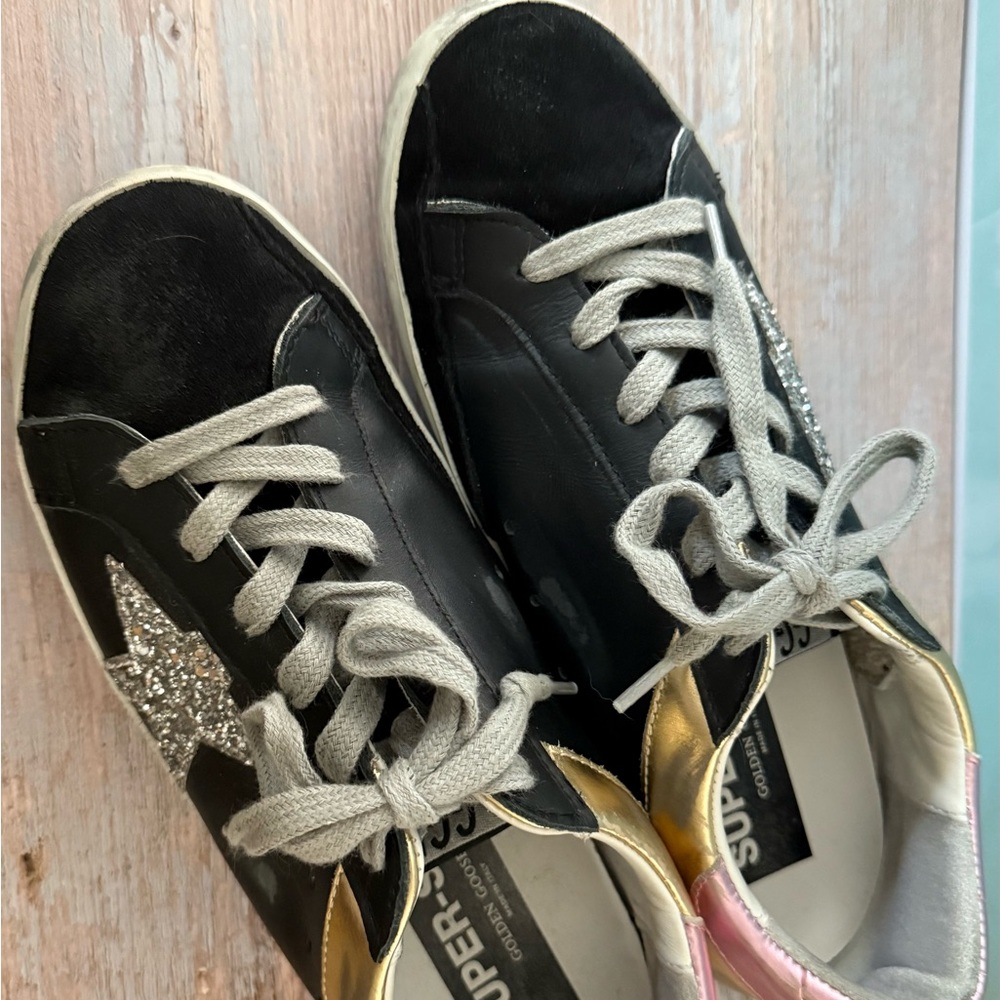 Golden Goose Black and Silver Sneakers with Pink and Gold Accents